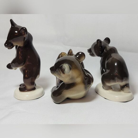Vintage Lomonosov USSR Set Of 3 Porcelain Brown Bear Figurines - Picture 5 of 15
